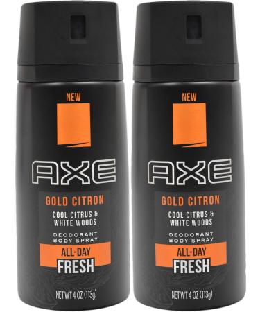 Set of 2 Axe Gold Citron Body Sprays - Cool Citrus and White Woods Scent - All-Day Fresh - 4oz Cans