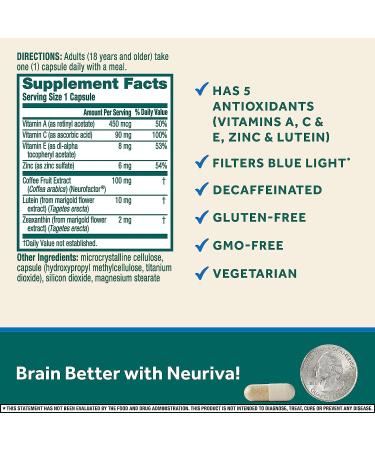 NEURIVA Brain + Eye Supplement with Lutein, Vitamins A C E, Zinc | Memory, Focus & Eye Health | 30 ct Capsules - Buy Online on GoSupps.com
