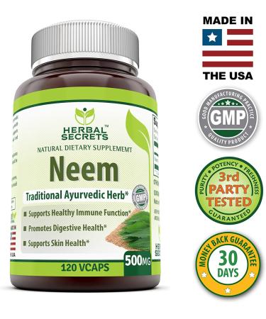 Herbal Secrets Neem 500mg 120 Vegetarian Capsules - Blood Purification, Healthy Immunity & Skin - Non-GMO - 1 Pack - Buy Online on GoSupps.com