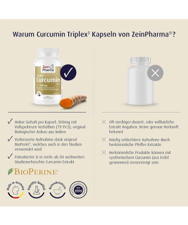 ZeinPharma Curcumin Triplex Capsules - 150 Vegan Capsules 500mg High Dose with 95% Extract - Dietary Supplement Laboratory Tested Made in Germany - Buy Online on GoSupps.com