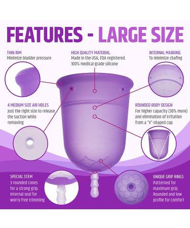 Venus Large Menstrual Cup - High Capacity for Heavy Flow - Made in USA - Medical Grade Silicone - Reusable Period Cup - Unique Design for High Cervix - Purple Large (1 Pack) - Buy Online on GoSupps.com