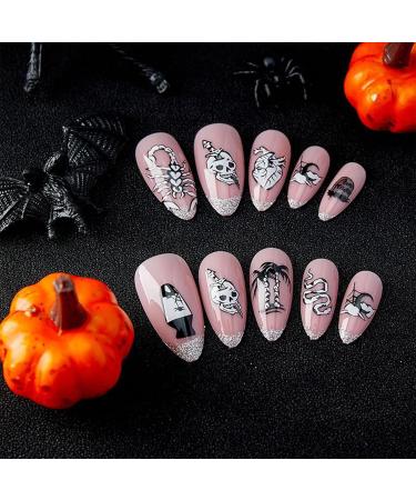 24Pcs Pink White Spider Scorpion Halloween Oval False Nails - Medium Press on Nails for Women and Girls - Buy Online on GoSupps.com