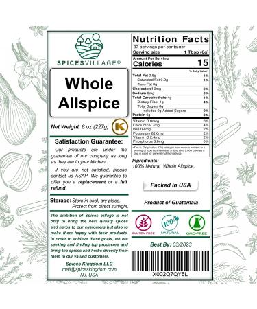Spices Village Allspice Berries (8 oz) - Fresh Dried Whole All Spice for Cooking - Jamaican Pimento Seeds - Kosher, Gluten Free, Non GMO - Resealable Bulk Bag - Buy Online on GoSupps.com