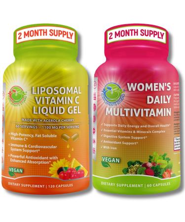 Immune Support Bundle Liposomal Vitamin C 1100mg Liquid Gel Capsules with Organic Acerola Cherry & Vegan Women s Daily Multivitamin with Iron Non-GMO Clean Daily Wellness Support