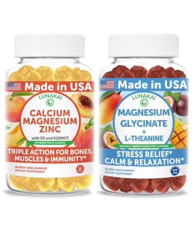 Lunakai USA Made Calcium Magnesium Zinc + Magnesium Glycinate with L-Theanine Gummies Bundle Naturally Flavored Non-GMO 60ct Each