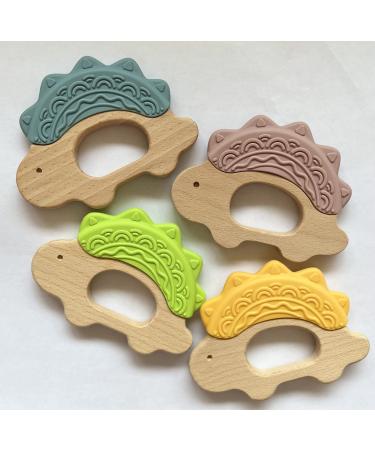 Mostara Dinosaur Baby Teether Ring for 3+ Months  Non-Toxic BPA Free Food Grade Silicone and Beech Wood  Baby Tested for Easy Grip and Soothing Teething Pain (Tea Shoot Green)