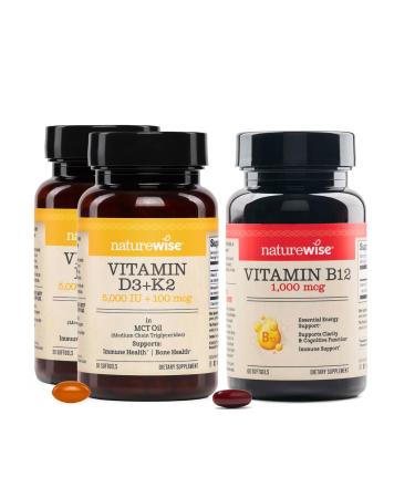 NatureWise (Pack of 2 Vegan Vitamin D3 5000IU + K2 - Organic Coconut MCT Oil - 30 Softgels 30-Day Supply + 1 Vitamin B12 1000 mcg - Gluten-Free Non-GMO - 60 Softgels 60-Day Supply