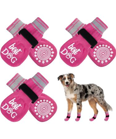 MIHACHI Anti-Slip Dog Socks - 3 Pairs Double Side Non-Slip Dog Paw Protection with Adjustable Straps, Strong Traction Control Paw Protectors for Puppies Dogs Rose Red Large