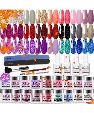 REDNEE 33 Pcs Fast Dry Dip Powder Nail Starter Kit 24 Colors Gray Silver Sparkle Advanced Formula Acrylic Dipping Powder System with Base & Top Coat Activator RE13 Red & Pink & Purple