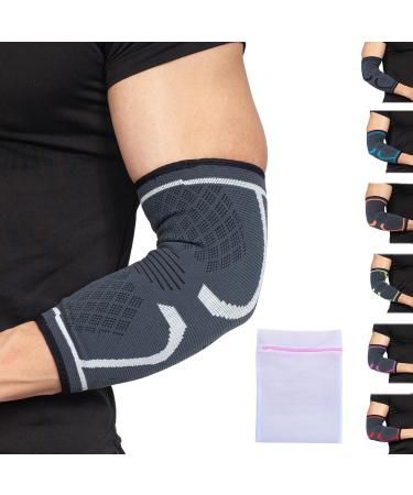 360 RELIEF - Compression Elbow Brace Sleeve for Men and Women Support | Splint Joint Pain Relief Tendonitis Tennis Golf Workout Weightlifting | Large Grey with Mesh Laundry Bag | Grey L