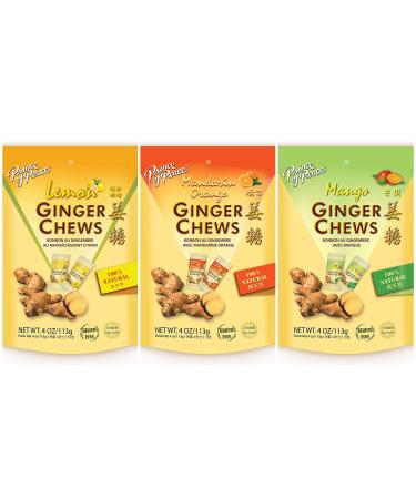 Prince of Peace Ginger Chews 3 Flavor Variety Pack 4oz - Flavors Lemon, Mango, Mandarin Orange, 100% Natural, non-GMO, Vegan and Gluten-Free