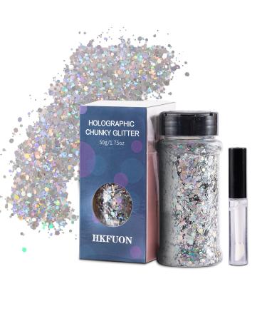 50g/1.75oz Holographic Chunky Body Glitter - HKFUON Face Hair Nail Cosmetic Glitter with Quick Dry Primer Glue(4ml) Set for Makeup Resin Halloween Art Craft DIY Rave Party Various Sizes&Shape - Silver