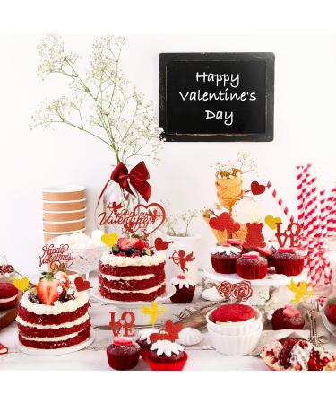 19pcs Happy Valentine's Day Cake Topper Glitter Paper Cupcake Toppers Pattern Heart Bear Rose Love Dessert Picks Cake Decoration for Valentine's Day - Buy Online on GoSupps.com