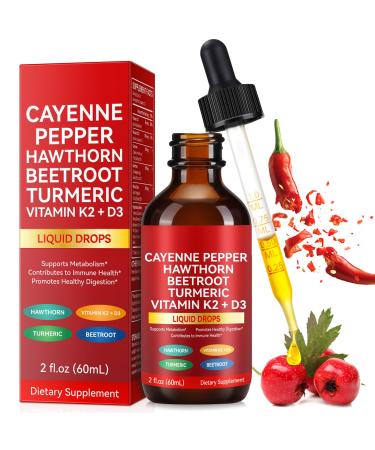 Cayenne Pepper Drops Cayenne Pepper Hawthorn Beet Root Turmeric Vitamin K2 & D3 Liquid Supplements Includes Hawthorn Beet Root & Turmeric 60ML 2 Fl Oz (Pack of 1)