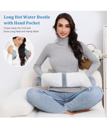 URBZUE 2L Long Hot Water Bottle with Hand Pocket Cover - 73cm Extra Long Hot Water Bottle for Pain Relief and Therapy - White+Grey - Buy Online on GoSupps.com