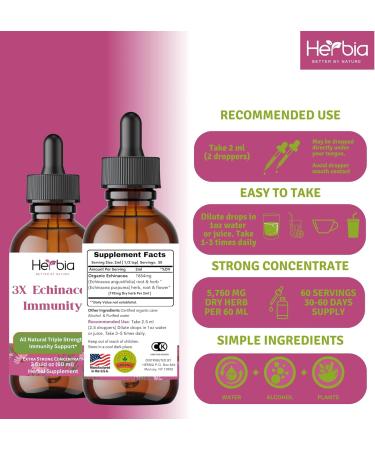 HERBIA 3X Echinacea Immunity Extra Strong Concentrated Organic Echinacea Blend with Angustifolia and Purpurea Root Herb and Flower for Immune Support Liquid Alcohol Extract 2 Fluid oz (60ml) - Buy Online on GoSupps.com