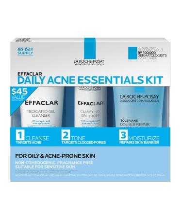 Effaclar Daily Acne Essentials Kit Acne Treatment System Salicylic Acid Acne Cleanser Pore Refining Toner & Matte Face Moisturizer for Oily Skin & Combination Skin Oil-Free 2 Month Supply