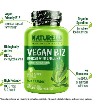 NATURELO Vegan B12 1000 mcg Methylcobalamin with Organic Spirulina - 90 Capsules - Supports Mood, Energy, Heart & Eye Health - Buy Online on GoSupps.com