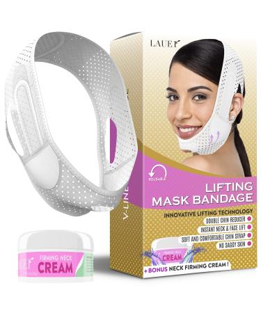 LAUER COSMETIC Double Chin Reducer Chin Strap Face Mask Reusable V Shaped Slimming Face Mask & Neck Firming Cream V Line Lifting Mask Chin Up Patch (White)