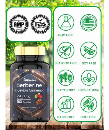 Berberine with Ceylon Cinnamon: 2200 mg Per Capsule - 180 Capsules | Natural Berberine Supplement for Cardiovasular & Circulatory System Health* | 6 Month Supply | Made in The USA! - Buy Online on GoSupps.com