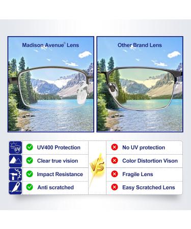 Madison Avenue Half Frame Reading Glasses for Men | Metal Blue Light Filter Rectangle Readers with Spring Hinges | 2.0x Magnification - Buy Online on GoSupps.com