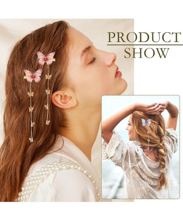4Pcs Tassel Butterfly Hair Clips - Fabric Butterfly Hairpin Set with Golden Silver Tassel - Pink Purple Metal Barrettes for Women and Girls - Buy Online on GoSupps.com
