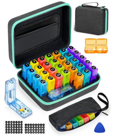 Monthly Pill Organizer 2 Times a Day with Weekly Pill Bag Portable Hard Shell Pill Cutter Plastic opening pick Monthly & Weekly Stickers Convenient Medication Management and tracking