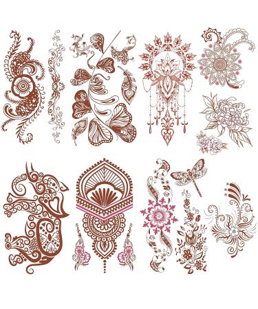 Aresvns Henna Tattoo, 9 Sheets Henna Stickers, Waterproof Brown Henna Tattoo Stickers for Women