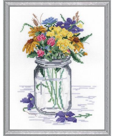 Janlynn Wildflower Jar Counted Cross Stitch Kit, White, Yellow, Blue 1 Pack