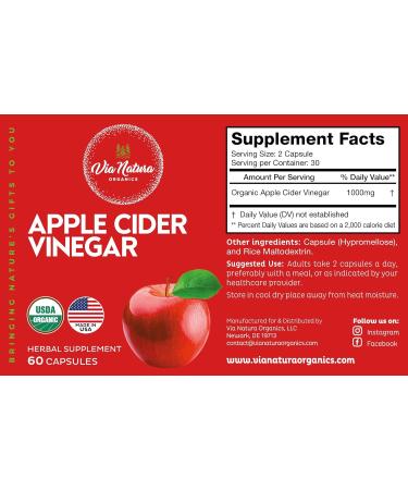 Via Natura Organics Apple Cider Vinegar Capsules 1000mg - Organic Herbal Supplement | 60 Capsules - Buy Online on GoSupps.com