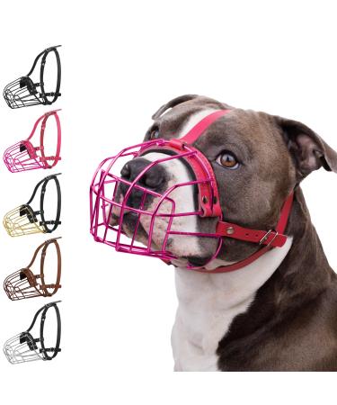 BRONZEDOG Pitbull Dog Muzzle Metal Mask Amstaff Wire Basket Pit Bull Adjustable Leather Straps for Large Dogs Pink
