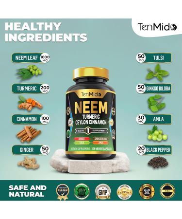 Tenmido Neem Leaf Supplement - 8in1 Formula - Combine with Turmeric Ceylon Cinnamon Ginger Tulsi Ginkgo Biloba Amla and Black Pepper - Immune Health Support - 150 Vegan Capsules - Buy Online on GoSupps.com