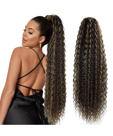 Fashion lcon 30 inch Long Drawstring Ponytail Extensions Highlights Clip in curly Ponytail Hair Extensions Dark Brown Mix Blonde Synthetic Long Drawstring ponytail for Women Blonde(#P4/27) 30 Inch (Pack of 1) #-P4/27