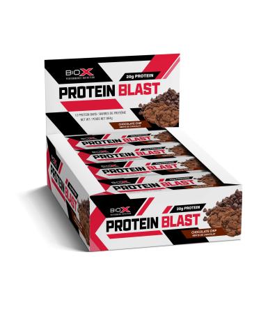 BioX Protein Blast Protein Bars | Protein Bar with Candy Bar Taste | 22g Protein Low Sugar | All Natural Protein Bar Ingredients | Box of 12 Bars (Chocolate Chip Fudge)