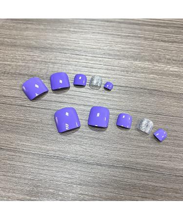 Glossy Square Fake Toe Nails - 24Pcs Purple Silver Sequin Design | Full Cover Acrylic Toe Nails for Women and Girls - Buy Online on GoSupps.com