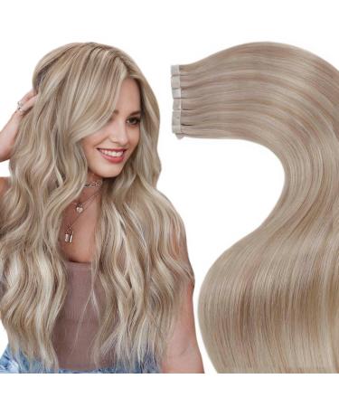 LaaVoo 55cm Tape in Extensions Real Hair Blonde Highlight Real Hair Extensions Tape Ash Blonde Light Blonde Hair Extension Real Hair Tape in Remy Hair Extensions Seamless Straight 20pcs 50g #P18/613 55cm-20pcs 2.2#18/613