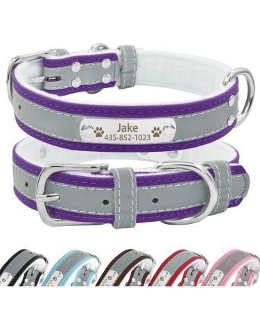 Senristar personalized reflective leather dog collar with warm food individual dog collar with name tape engraved for small medium and large dogs and cats XL (width 3.0 cm neck circumference 45-55 cm) violet