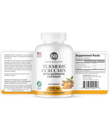 NaturoBliss Turmeric Curcumin with BioPerine 1500mg - Non GMO - Gluten Free - 90 Capsules - Buy Online on GoSupps.com