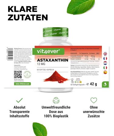 Buy Astaxanthin 12mg - Premium 60 Softgel Capsules Pure Haematococcus Pluvialis Enhanced with Vitamin E & Olive Oil 4-Month Supply - Lab Tested Quality - Buy Online on GoSupps.com