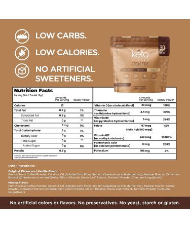 Keto Vitals Instant Keto Coffee Powder - Low-Calorie Sweetened Coffee Packets - 30 Count Variety Pack in Original, Vanilla, & Mocha Flavors - Buy Online on GoSupps.com