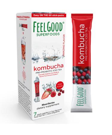 FeelGood Superfoods Kombucha Iced Tea Packets, Delicious Mixed Berries Flavored Refreshing Instant Kombucha Powder Fizzy Drink, Probiotic Supplement for Gut Health, 7 pack Mixed Berries - 7 packs
