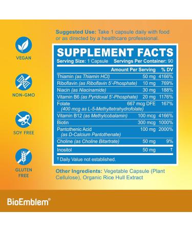 BioEmblem Vitamin B-Complex - All 8 Active Forms with Methyl Folate Methyl B12 B6 Biotin Plus Choline Inositol Supports Energy Metabolism Brain Heart Health - B Vitamin Supplement 90 Capsules - Buy Online on GoSupps.com