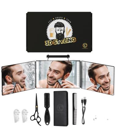 ustukina 3 Way Mirror with LED Lights-360 Mirror for Hair Cutting for Men-Rechargeable Self Haircut Mirror to Shave  Trim with Height Adjustable Hooks.