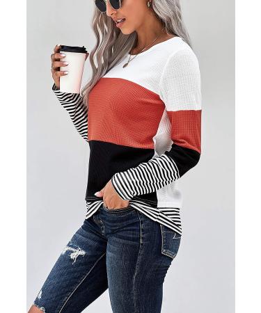Women's Striped Color Block Long Sleeve T-Shirt - Red - Size Medium | Comfy Casual Blouse Tunics Tops - Buy Online on GoSupps.com