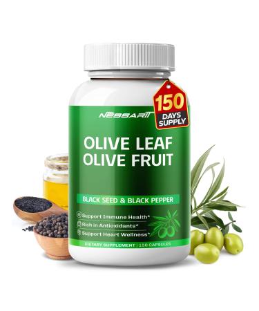 Olive Leaf & Olive Fruit 9 100mg with 60% Oleuropein & 60% Hydroxytyrosol Plus Black Seed Oil & Black Pepper 150 Capsules 150 count (Pack of 1)
