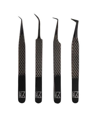 M LASH Set Of 4 Diamond Grip NEW Nano Fiber Tip With Excellent Grip Eyelash Extensions Tweezers - Japanese Steel Lashes Tool Supply (Black)