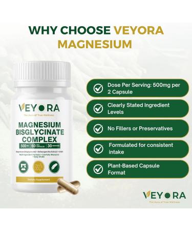 VEYORA Magnesium Bisglycinate Complex Capsules | 120 mg Magnesium per Serving | with KSM-66 Ashwagandha, GABA, L-Theanine & Melatonin | 60 Veg Capsules | Made for USA - Buy Online on GoSupps.com