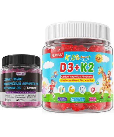 Kids Vitamin D3 K2 Gummies 2 Pack + Zinc and Magnesium Supplement 2 Pack