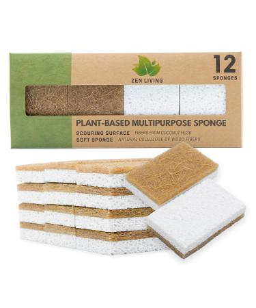 Zen Living Natural Sponge - Eco-Friendly Scrub Sponges for Kitchen - Non Scratch Odor Free Biodegradable Plant Based Scrubber Pads for Cleaning Dishes - Best Wooden Pulp Sponge (Brown-White, 12 Pack)
