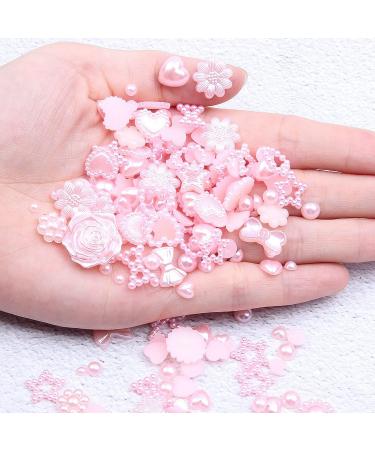 200Pcs 3D Pink Pearls Nail Charms Multi Shapes Flower Star Bowknot Circle Heart Pearls Round Beads Acrylic Cute Pearls 3D Nail Art Charms for Valentine's Day Manicure DIY Crafts Jewelry Accessories S7-pink